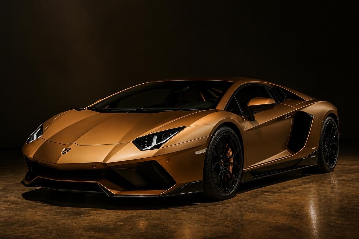 Bronze Lamborghini supercar in a dark studio