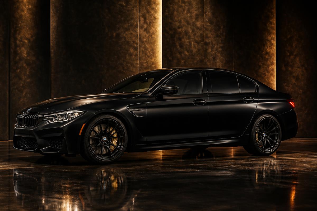 Black BMW luxury sedan in a dark studio