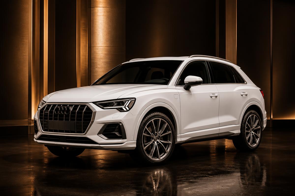 White premium compact SUV in a dark studio