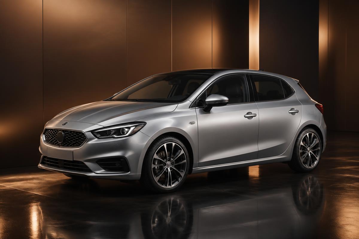 Silver premium hatchback in a dark studio